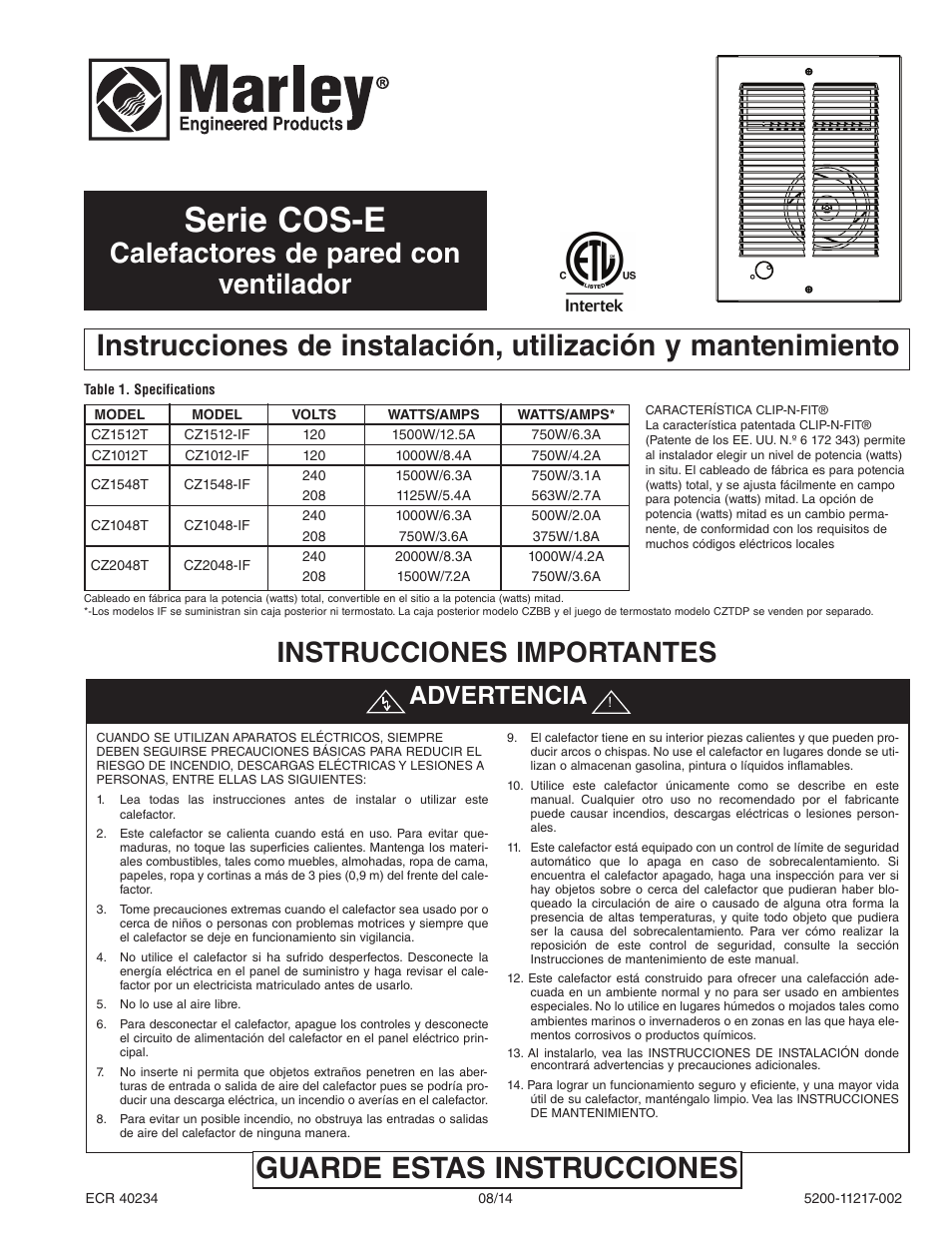Serie cos-e, Instrucciones importantes, Calefactores de pared con ventilador | Advertencia | Qmark COS-E Series - Residential Fan-Forced Zonal Wall Heaters User Manual | Page 5 / 12