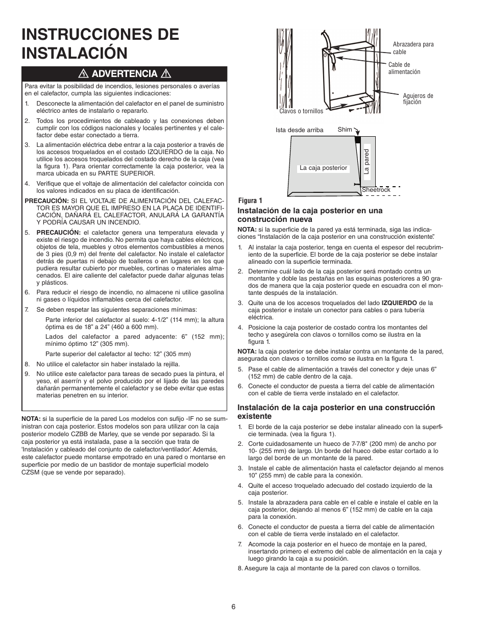 Instrucciones de instalación | Qmark COS-E Series - Residential Fan-Forced Zonal Wall Heaters User Manual | Page 6 / 12