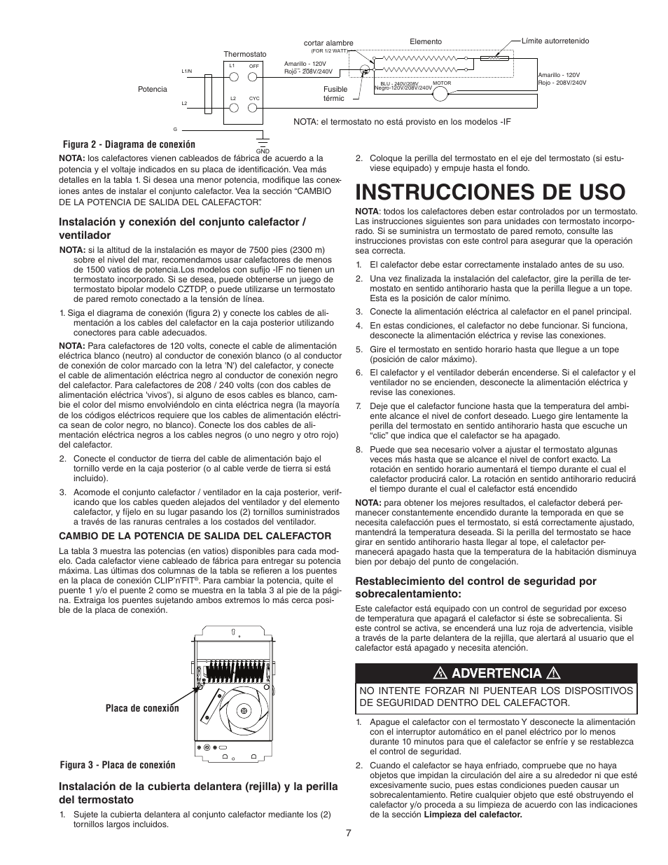 Instrucciones de uso, Cambio de la potencia de salida del calefactor, Figura 2 - diagrama de conexión | Figura 3 - placa de conexión, Placa de conexión | Qmark COS-E Series - Residential Fan-Forced Zonal Wall Heaters User Manual | Page 7 / 12