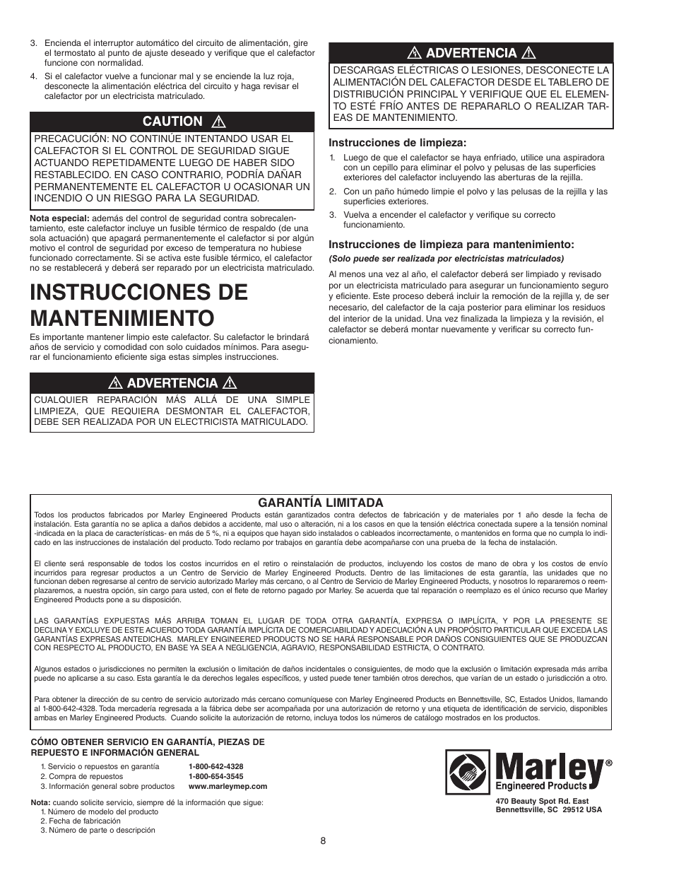 Instrucciones de mantenimiento, Garantía limitada | Qmark COS-E Series - Residential Fan-Forced Zonal Wall Heaters User Manual | Page 8 / 12