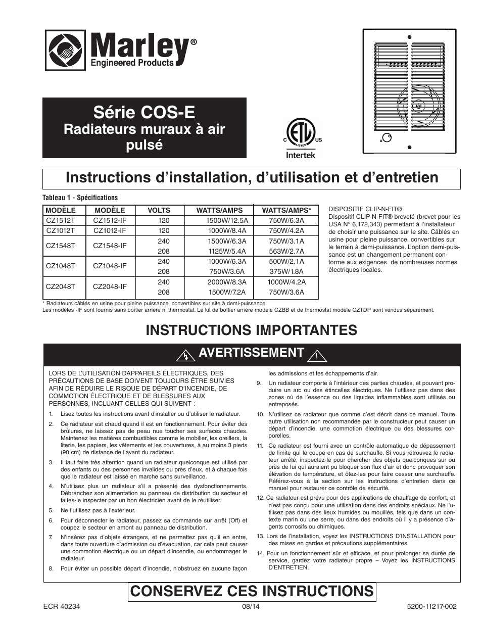 Série cos-e, Instructions importantes, Radiateurs muraux à air pulsé | Avertissement | Qmark COS-E Series - Residential Fan-Forced Zonal Wall Heaters User Manual | Page 9 / 12