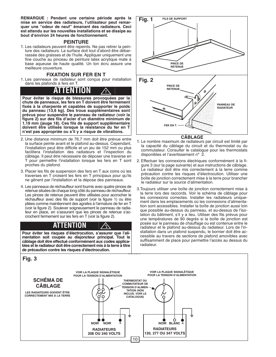 Attention, Fig. 2 fig. 1, Fig. 3 | Peinture, Fixation sur fer en t, Schéma de câblage | Qmark CP - Radiant Ceiling Panels User Manual | Page 10 / 12
