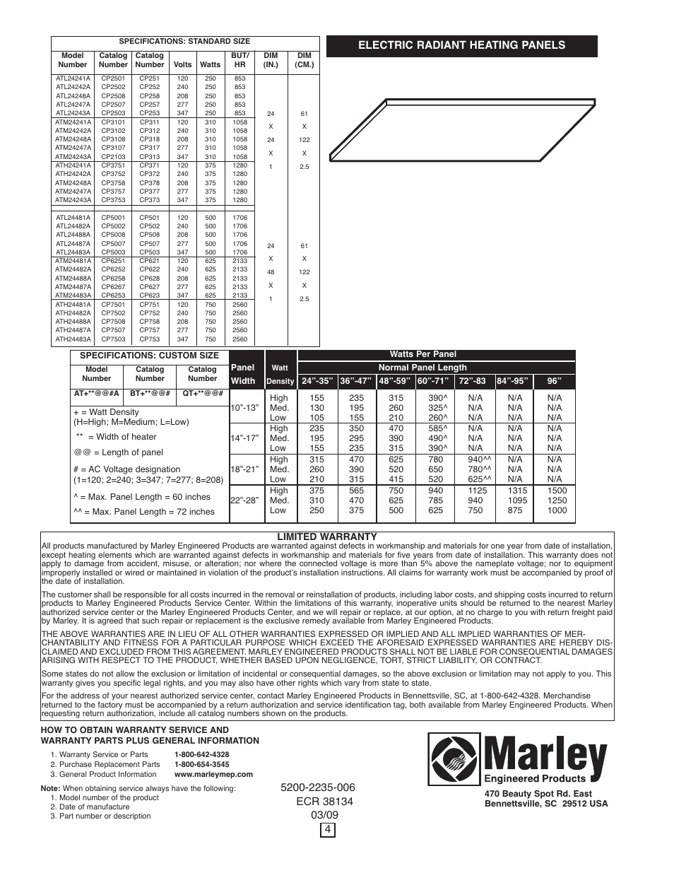 Electric radiant heating panels, Limited warranty | Qmark CP - Radiant Ceiling Panels User Manual | Page 4 / 12