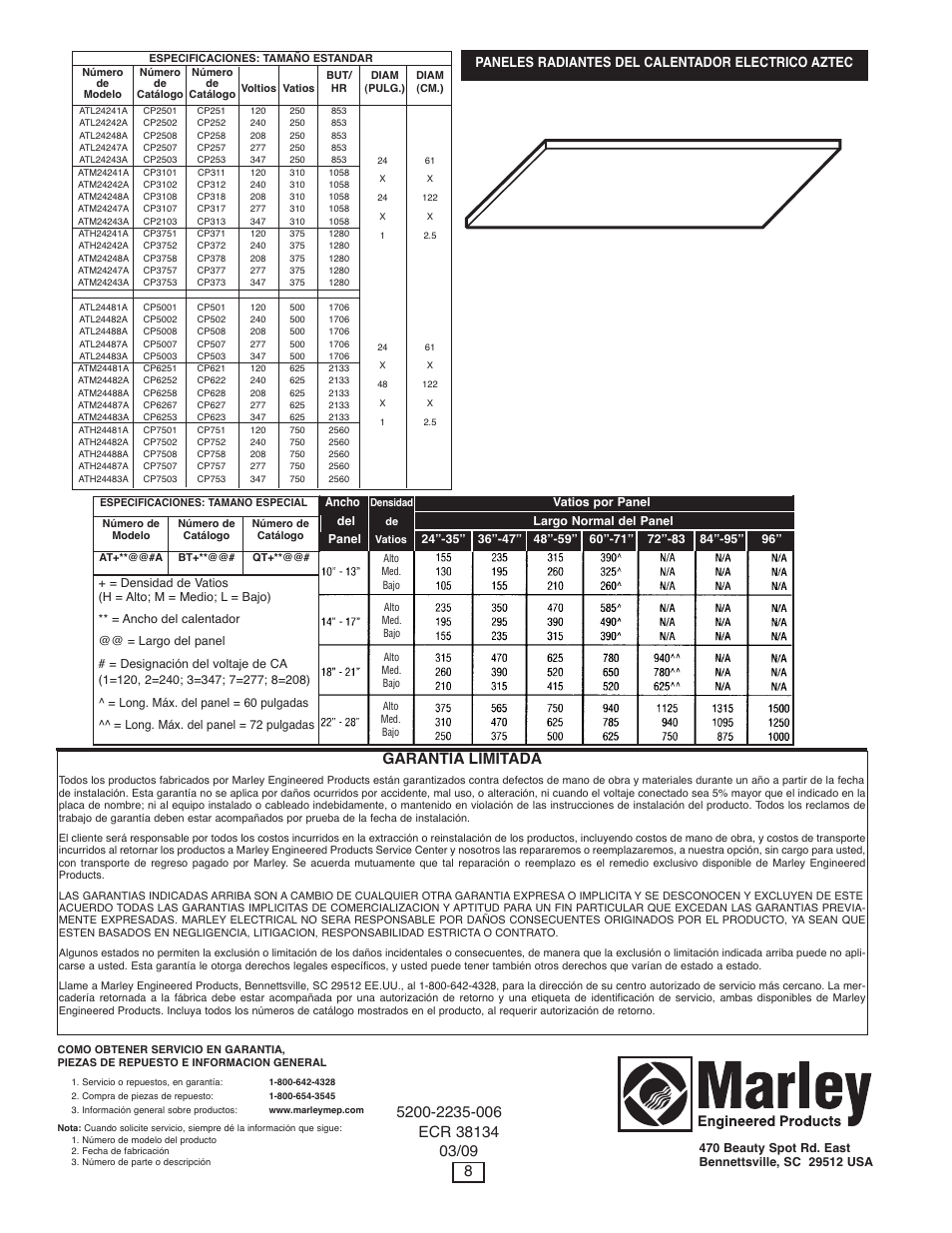 Garantia limitada, Paneles radiantes del calentador electrico aztec | Qmark CP - Radiant Ceiling Panels User Manual | Page 8 / 12