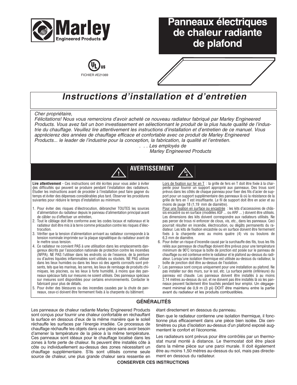 Instructions d’installation et d’entretien, Avertissement | Qmark CP - Radiant Ceiling Panels User Manual | Page 9 / 12