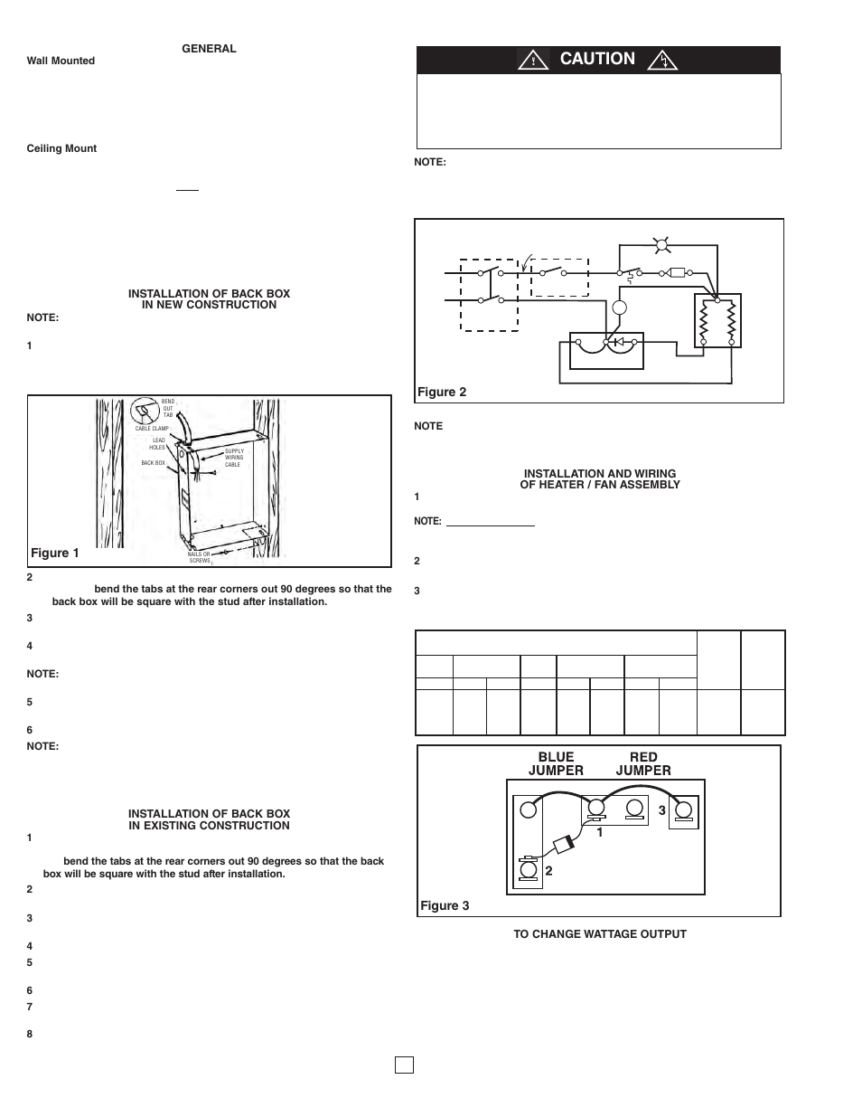 Wattage, Caution, Figure 1 | Figure 2 wiring diagram figure 3 clip’n’fit, Board | Qmark CRA Series - Residential Fan-Forced Zonal Wall Heaters User Manual | Page 2 / 12
