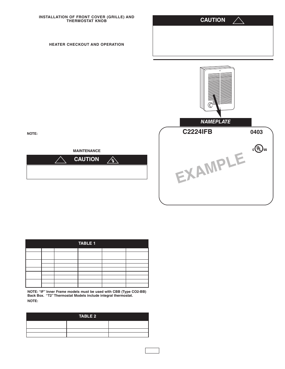 Example, C2224ifb, Caution | Nameplate | Qmark CRA Series - Residential Fan-Forced Zonal Wall Heaters User Manual | Page 3 / 12