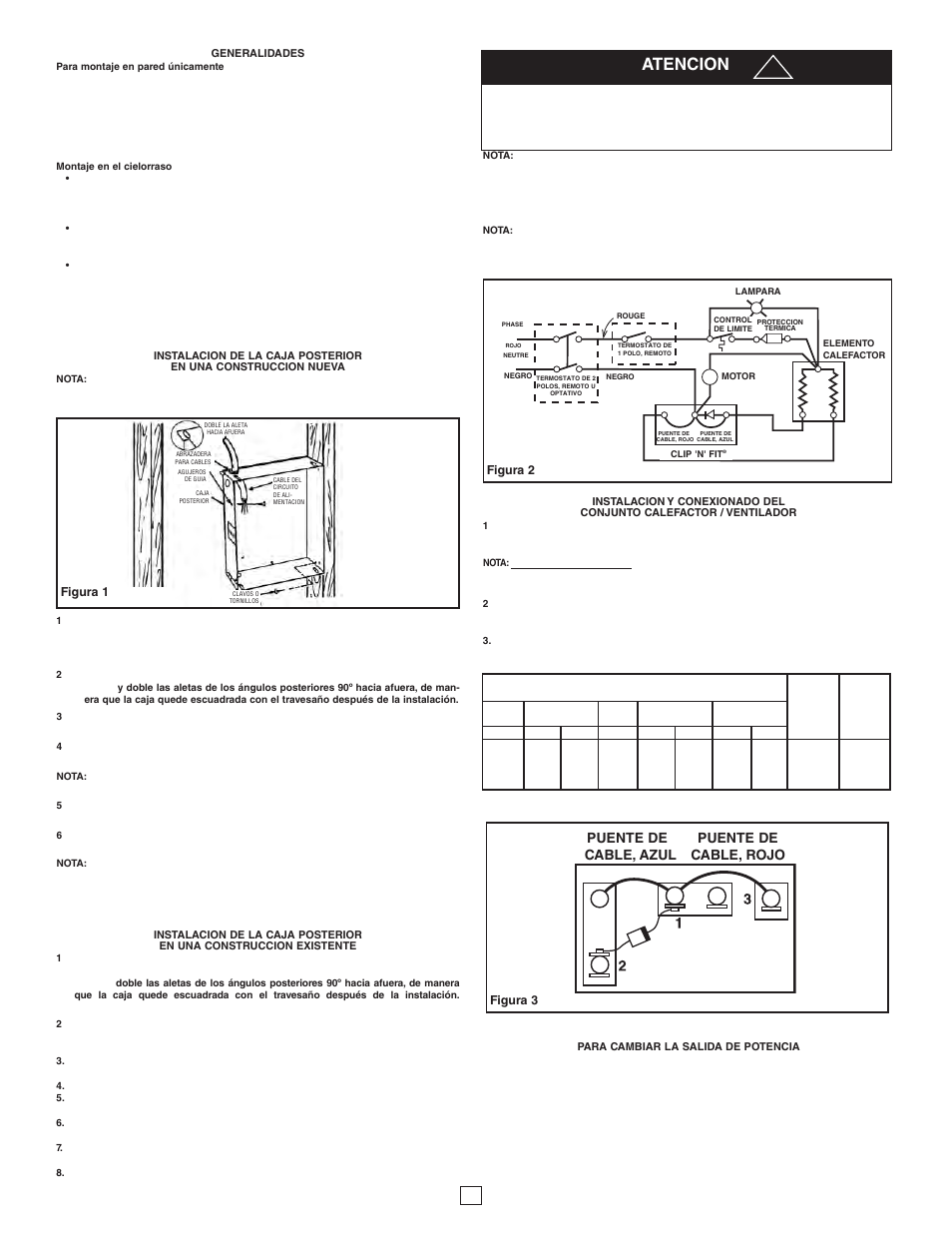 Atencion ! potencia (watt), Puente de, Puente de cable, azul cable, rojo | Qmark CRA Series - Residential Fan-Forced Zonal Wall Heaters User Manual | Page 6 / 12
