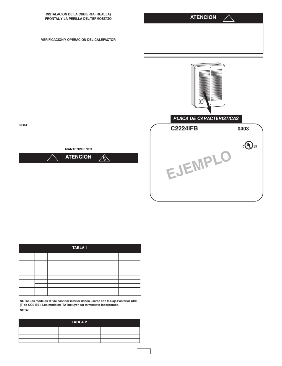 Ejempl o, C2224ifb, Atencion | Placa de caracteristicas | Qmark CRA Series - Residential Fan-Forced Zonal Wall Heaters User Manual | Page 7 / 12