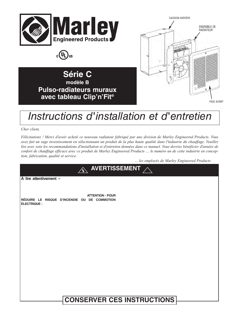 Instructions d'installation et d'entretien, Série c, Pulso-radiateurs muraux avec tableau clip’n’fit | Conserver ces instructions, Avertissement, Modèle b | Qmark CRA Series - Residential Fan-Forced Zonal Wall Heaters User Manual | Page 9 / 12