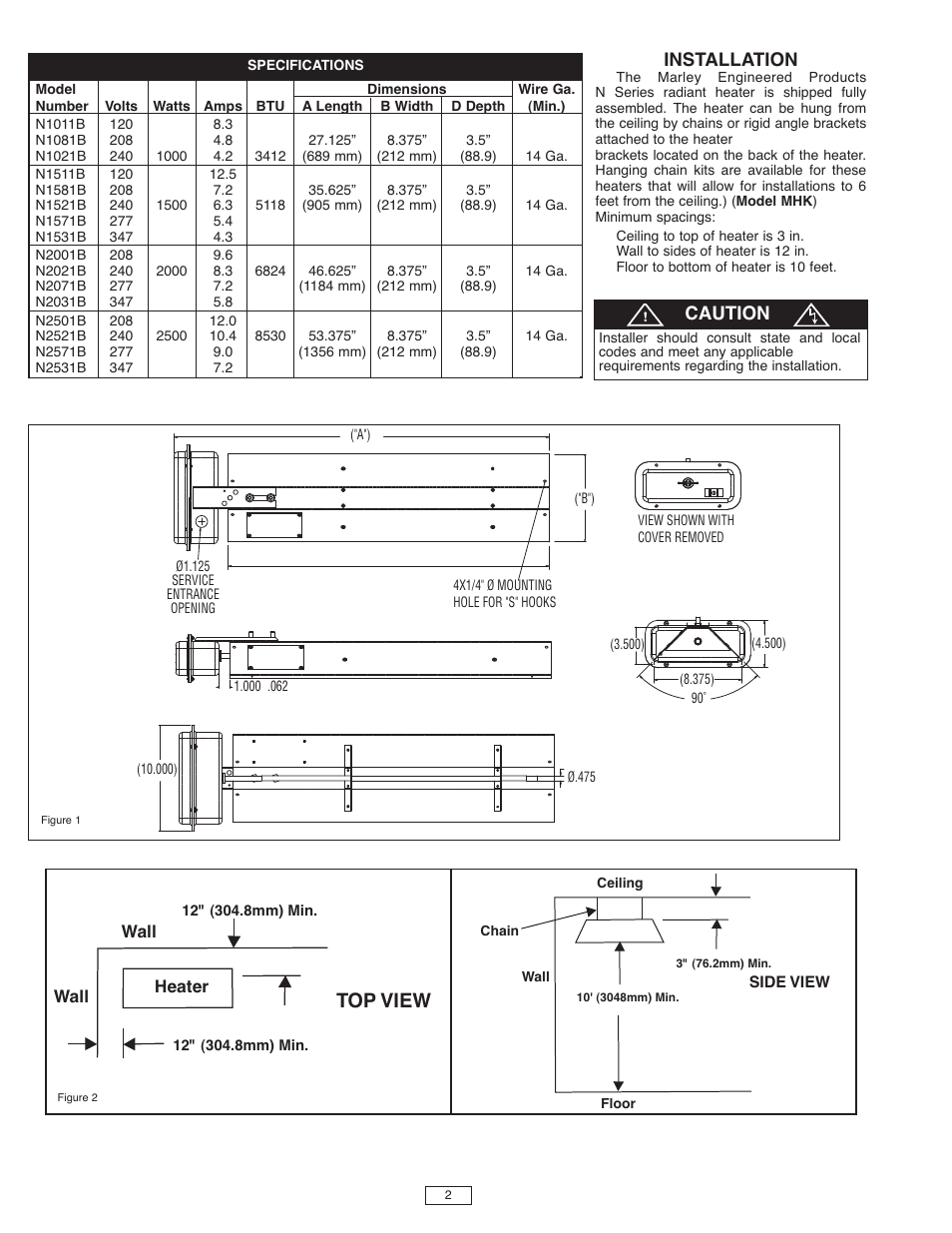 Top view s, Installation, Caution | Qmark CRN - Industrial Permanent Infrared Heaters User Manual | Page 2 / 4