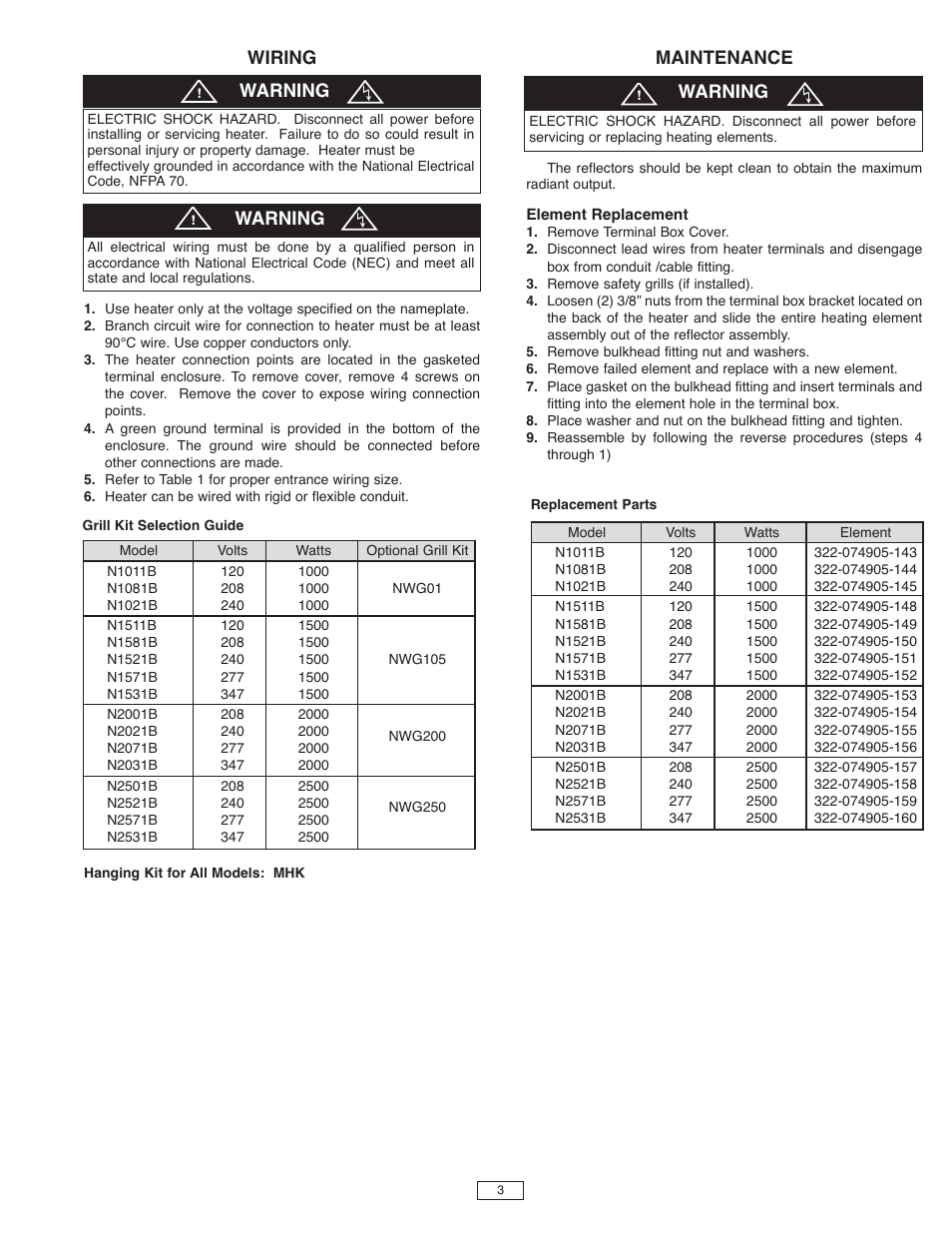 Maintenance, Wiring, Warning | Qmark CRN - Industrial Permanent Infrared Heaters User Manual | Page 3 / 4