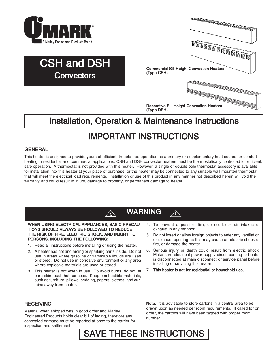 Qmark DSH - Decorative Sill-Height Convectors User Manual | 30 pages