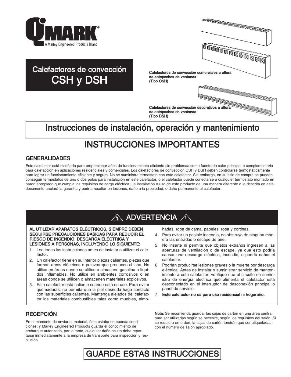 Csh y dsh, Instrucciones importantes, Guarde estas instrucciones | Calefactores de convección, Advertencia | Qmark DSH - Decorative Sill-Height Convectors User Manual | Page 11 / 30