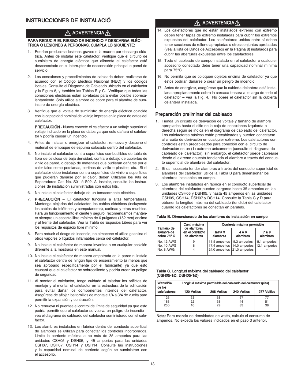 Instrucciones de instalació, Preparación preliminar del cableado | Qmark DSH - Decorative Sill-Height Convectors User Manual | Page 13 / 30