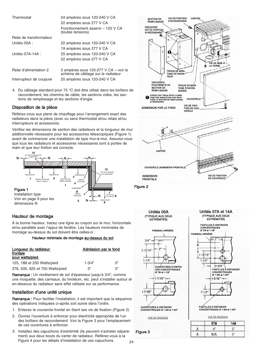 Disposition de la pièce, Hauteur de montage, Installation d’une unité unique | Unités 05a, Unités 07a et 14a | Qmark DSH - Decorative Sill-Height Convectors User Manual | Page 24 / 30