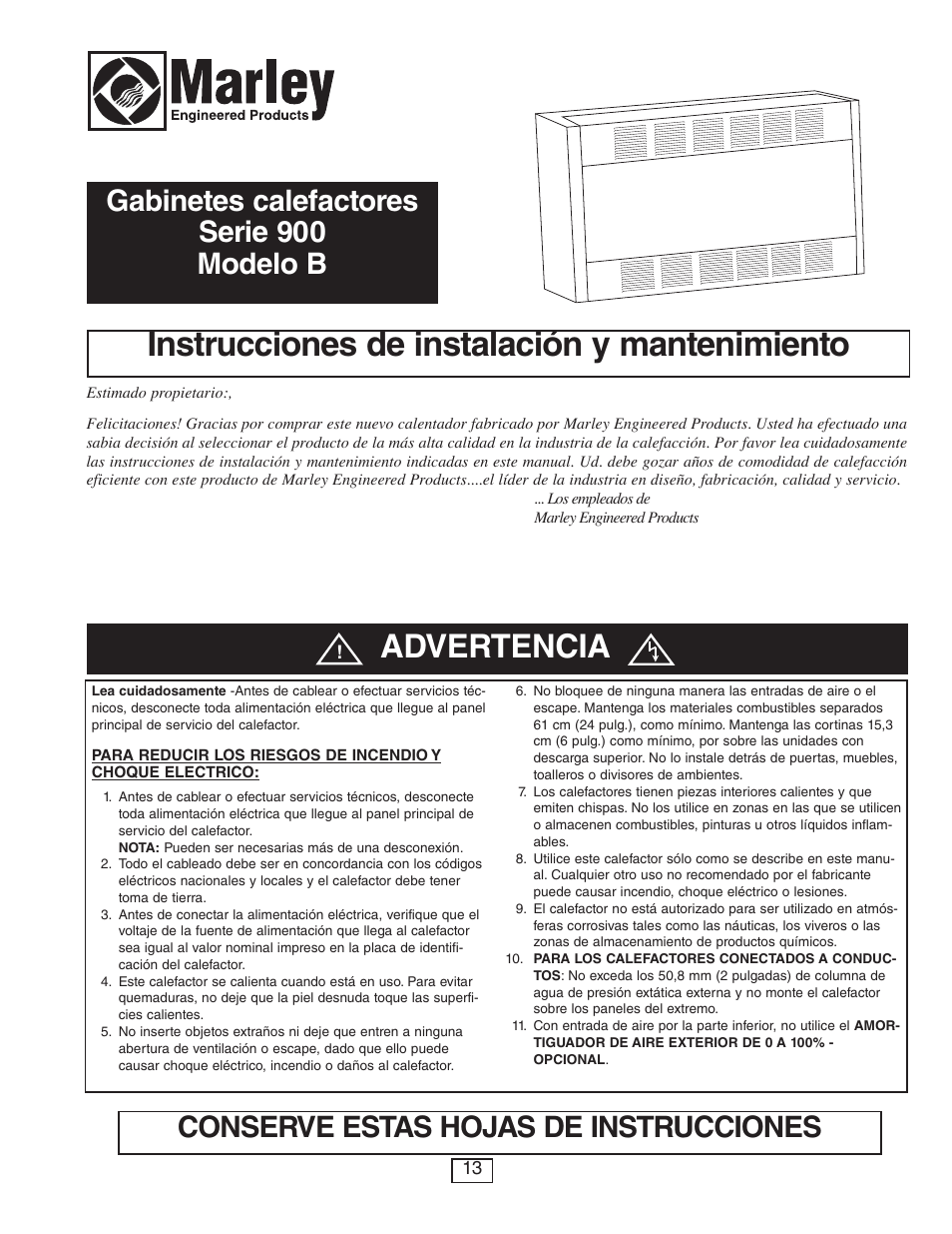 Instrucciones de instalación y mantenimiento, Advertencia | Qmark CUS900 - Stock Cabinet Unit Heater User Manual | Page 13 / 36