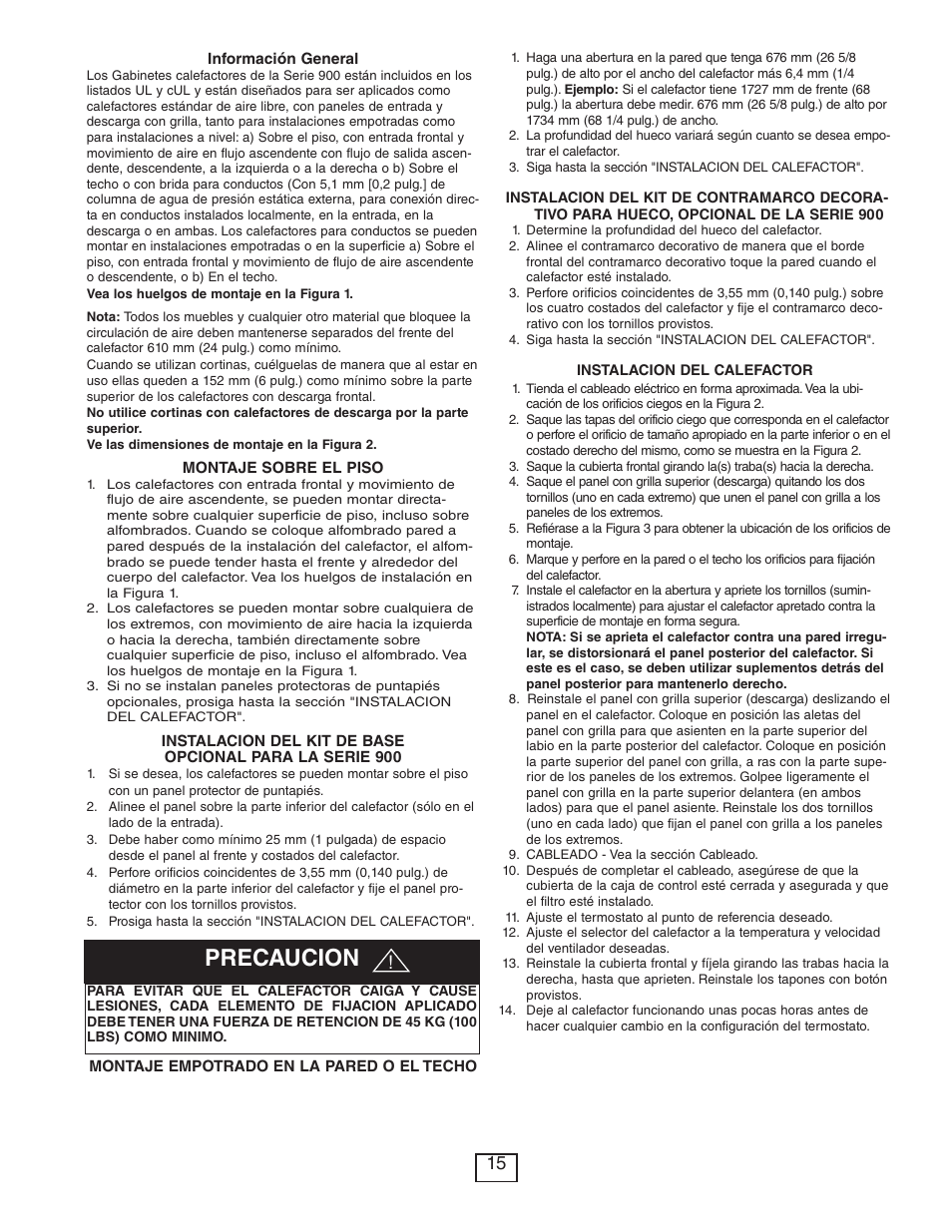 Precaucion | Qmark CUS900 - Stock Cabinet Unit Heater User Manual | Page 15 / 36