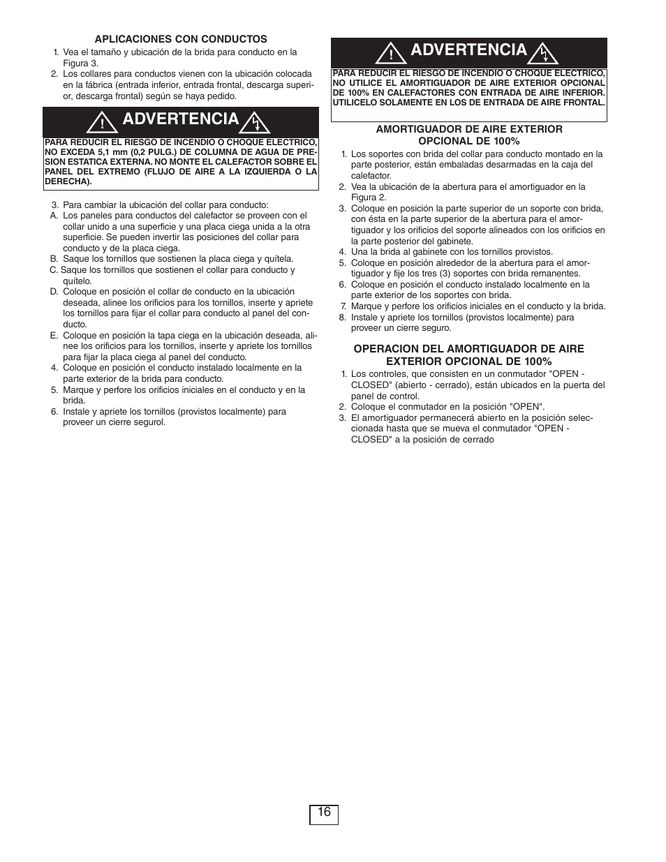 Advertencia | Qmark CUS900 - Stock Cabinet Unit Heater User Manual | Page 16 / 36