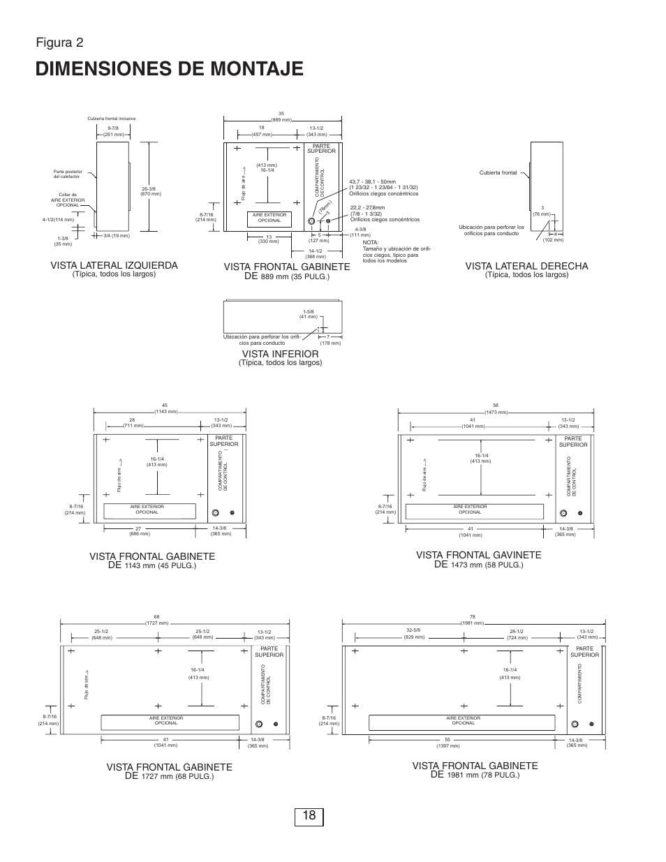 Dimensiones de montaje, Mounting dimensions, Figure 2 | Figura 2, Vista frontal gabinete de, Vista lateral izquierda, Vista lateral derecha, Vista inferior, Vista frontal gavinete de, Front view | Qmark CUS900 - Stock Cabinet Unit Heater User Manual | Page 18 / 36