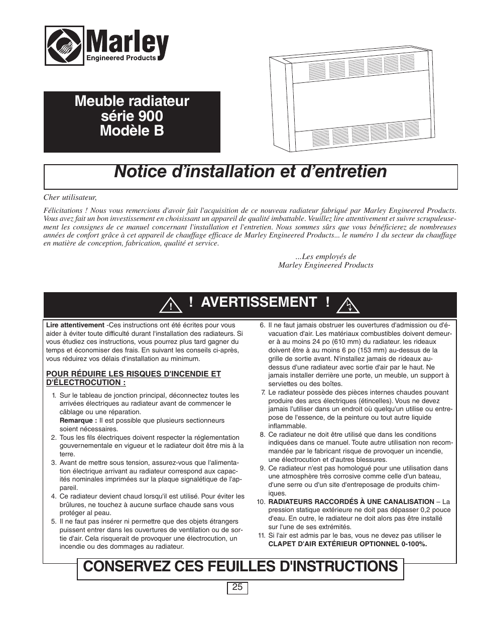 Notice d’installation et d’entretien, Avertissement | Qmark CUS900 - Stock Cabinet Unit Heater User Manual | Page 25 / 36