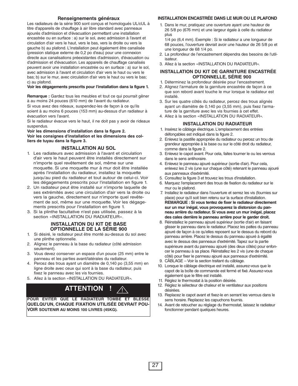 Attention | Qmark CUS900 - Stock Cabinet Unit Heater User Manual | Page 27 / 36