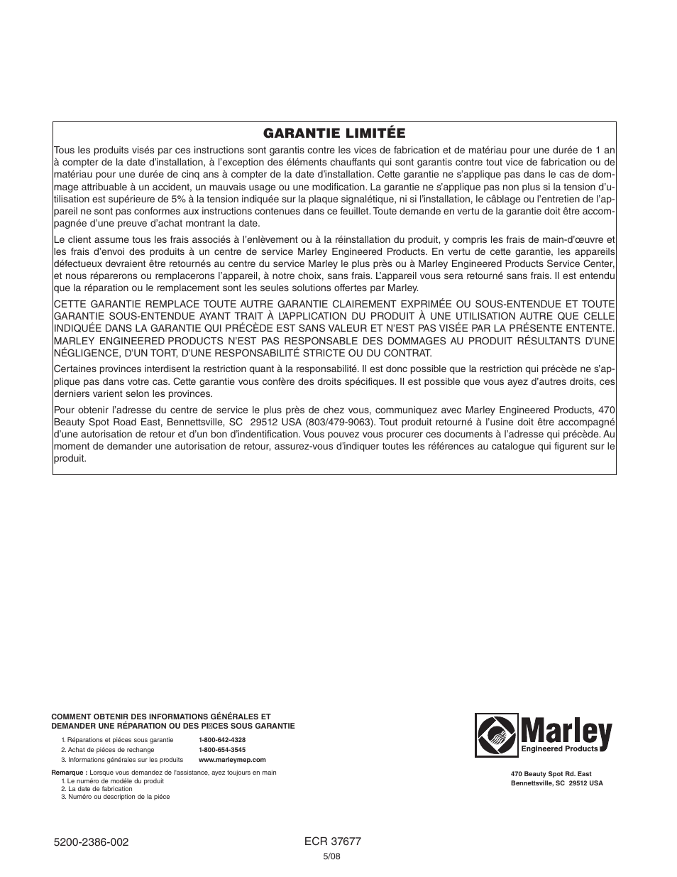Garantie limitée | Qmark CUS900 - Stock Cabinet Unit Heater User Manual | Page 36 / 36