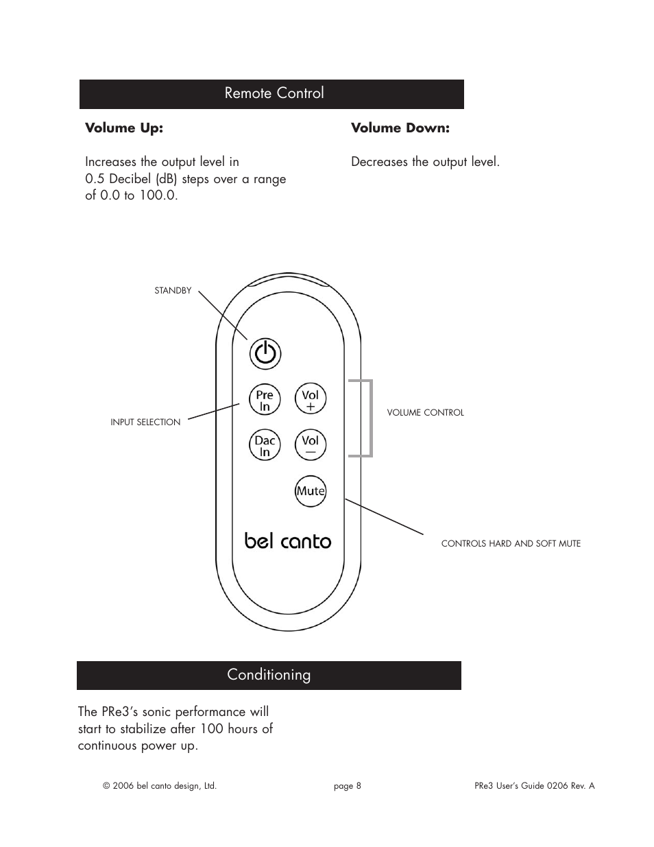 Remote control, Conditioning | Bel Canto Design PRe3 User Manual | Page 7 / 10