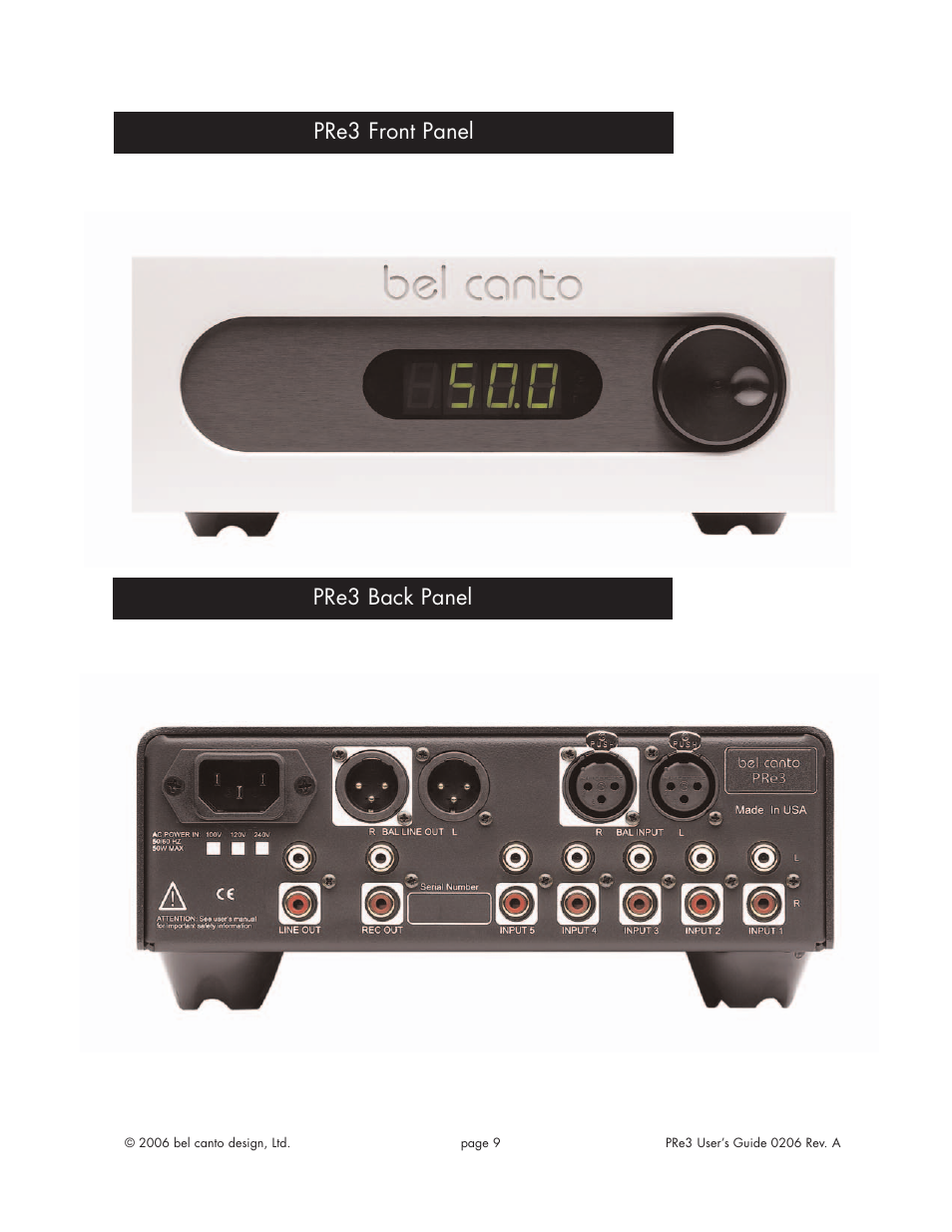 Pre3 back panel pre3 front panel | Bel Canto Design PRe3 User Manual | Page 8 / 10