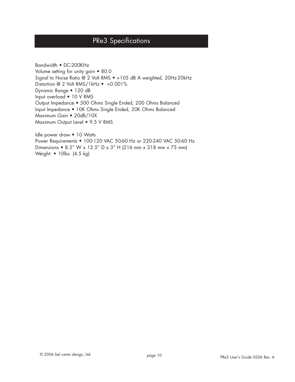 Pre3 specifications | Bel Canto Design PRe3 User Manual | Page 9 / 10