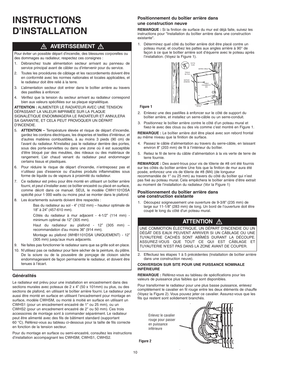 Instructions d'installation | Qmark CWH1000 Series - Small Room Fan-Forced Wall Heaters User Manual | Page 10 / 12
