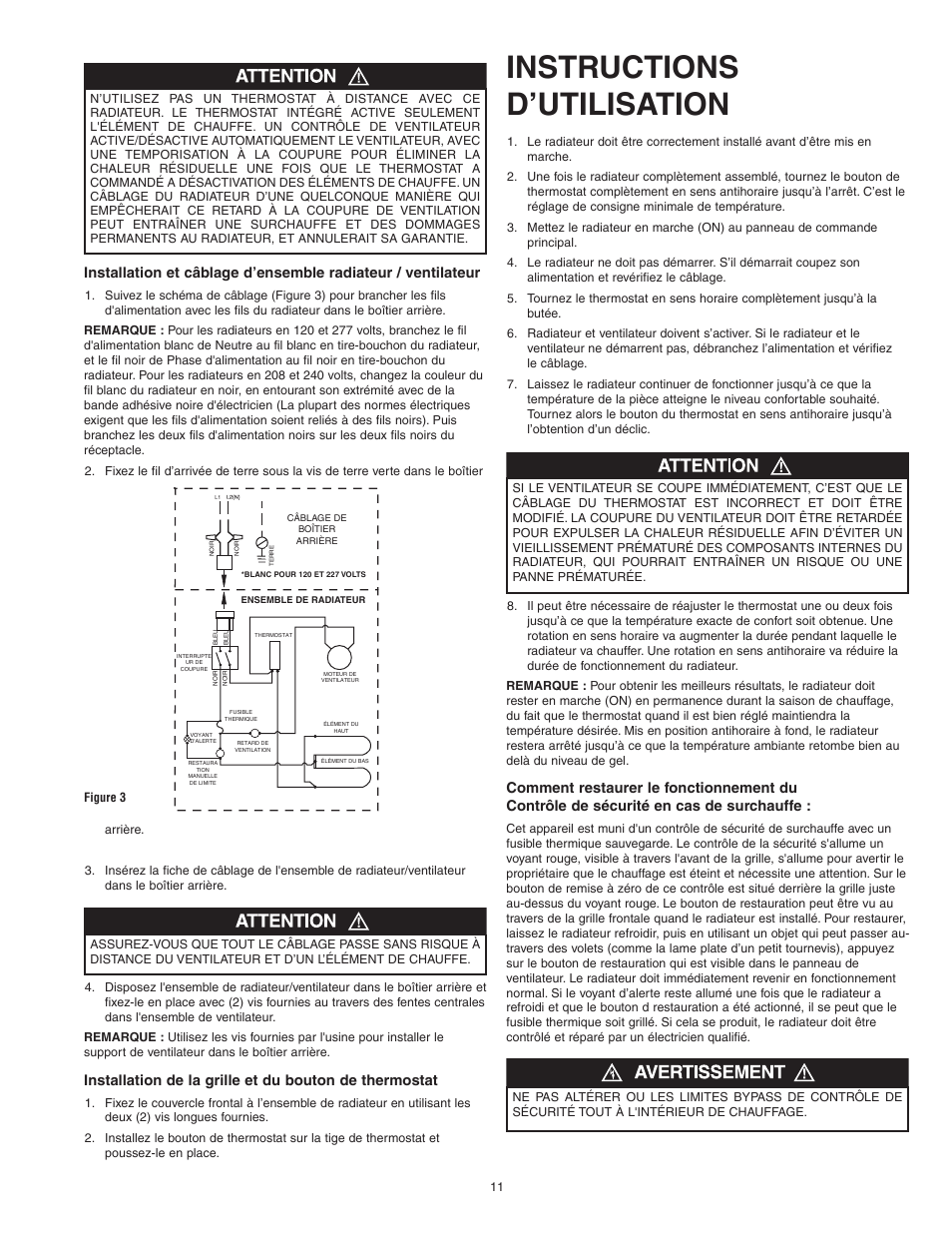 Instructions d’utilisation, Alarm light thermal fuse manual reset limit | Qmark CWH1000 Series - Small Room Fan-Forced Wall Heaters User Manual | Page 11 / 12