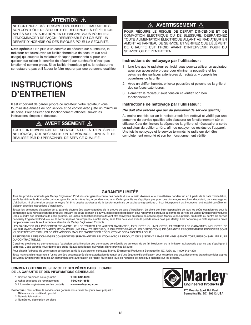 Instructions d’entretien | Qmark CWH1000 Series - Small Room Fan-Forced Wall Heaters User Manual | Page 12 / 12