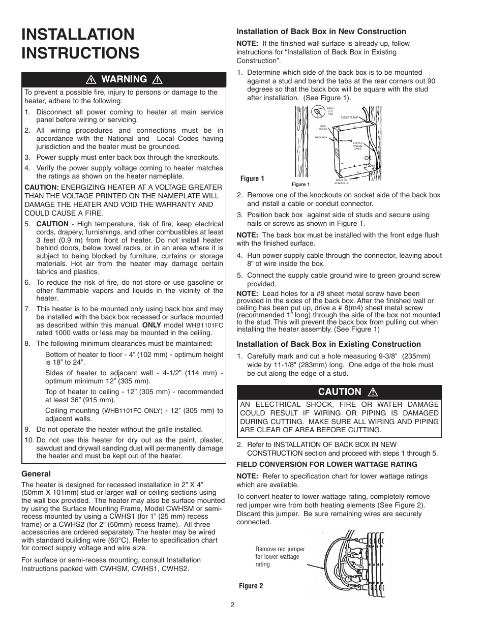 Installation instructions | Qmark CWH1000 Series - Small Room Fan-Forced Wall Heaters User Manual | Page 2 / 12