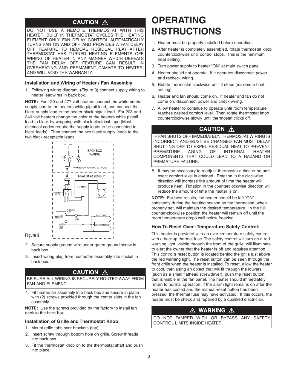 Operating instructions | Qmark CWH1000 Series - Small Room Fan-Forced Wall Heaters User Manual | Page 3 / 12