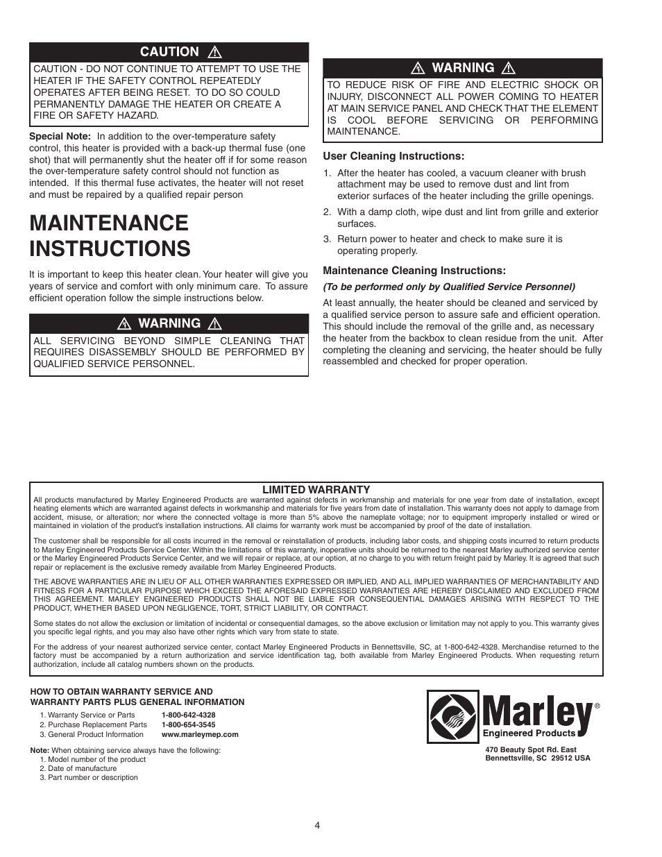 Maintenance instructions | Qmark CWH1000 Series - Small Room Fan-Forced Wall Heaters User Manual | Page 4 / 12