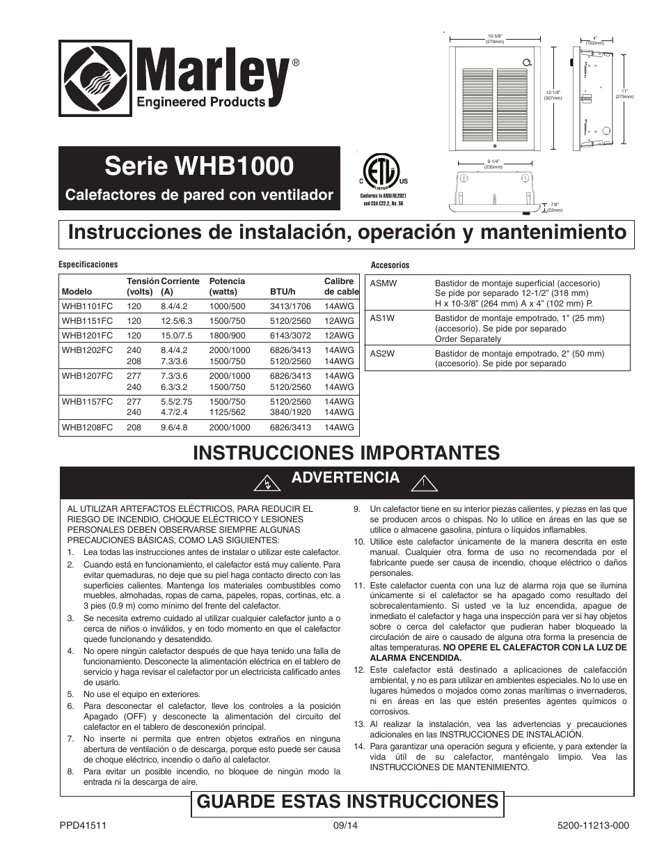 Serie whb1000, Instrucciones importantes, Guarde estas instrucciones | Calefactores de pared con ventilador, Advertencia | Qmark CWH1000 Series - Small Room Fan-Forced Wall Heaters User Manual | Page 5 / 12