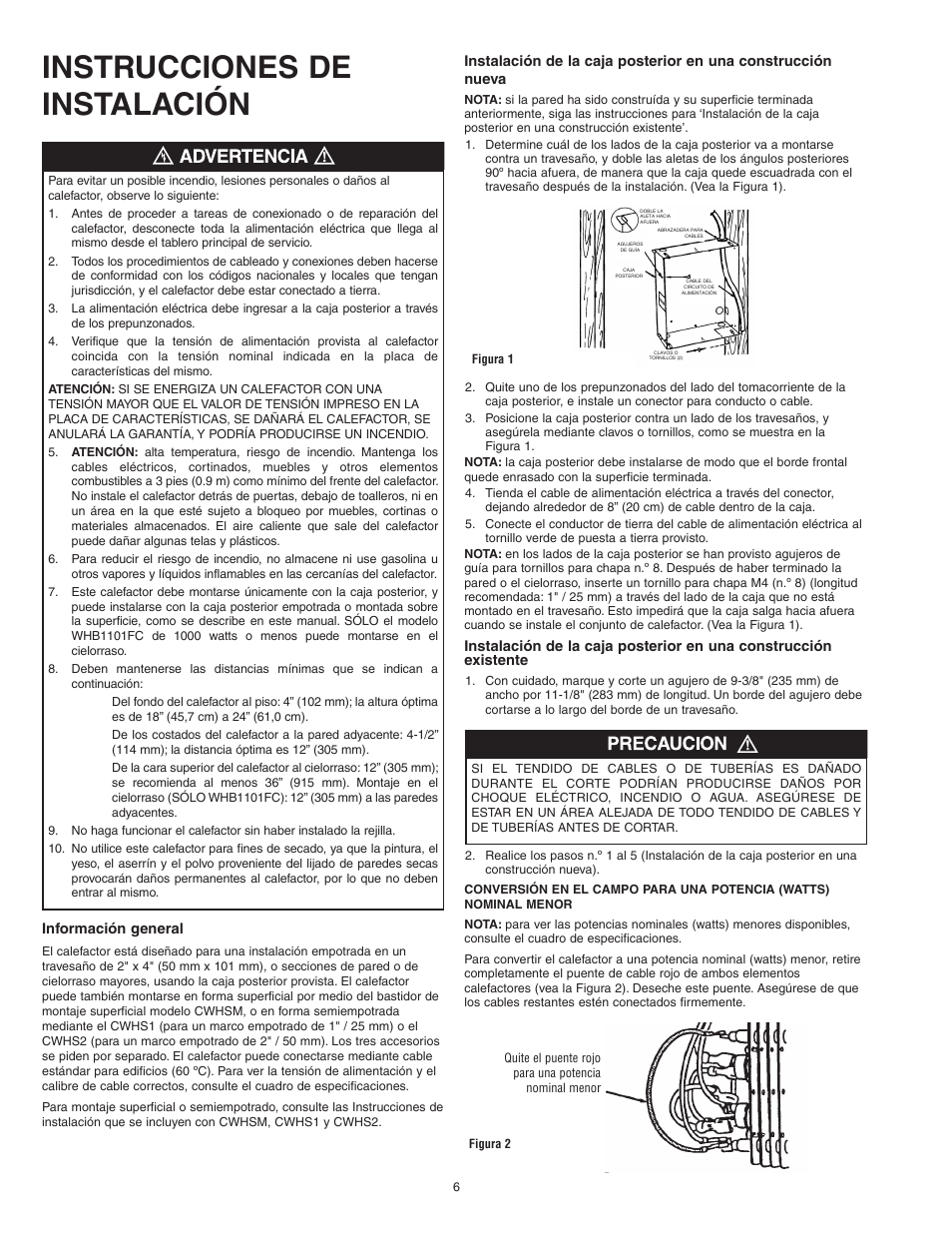 Instrucciones de instalación | Qmark CWH1000 Series - Small Room Fan-Forced Wall Heaters User Manual | Page 6 / 12