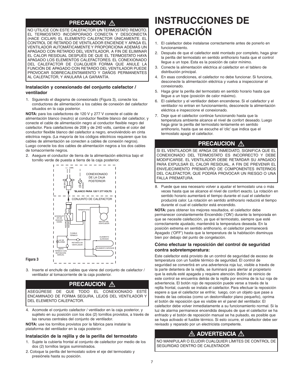 Instrucciones de operación, Alarm light thermal fuse manual reset limit | Qmark CWH1000 Series - Small Room Fan-Forced Wall Heaters User Manual | Page 7 / 12
