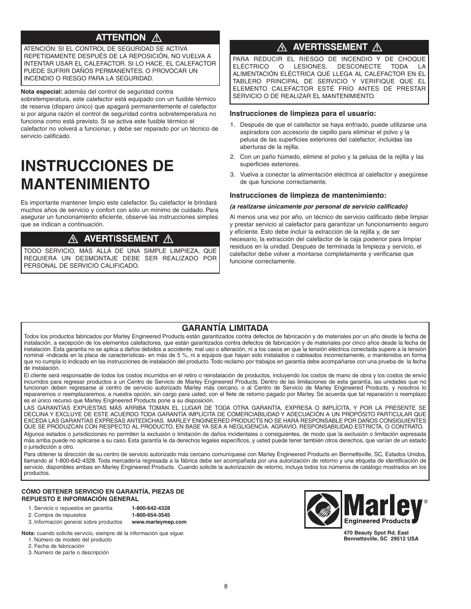 Instrucciones de mantenimiento, Garantía limitada | Qmark CWH1000 Series - Small Room Fan-Forced Wall Heaters User Manual | Page 8 / 12