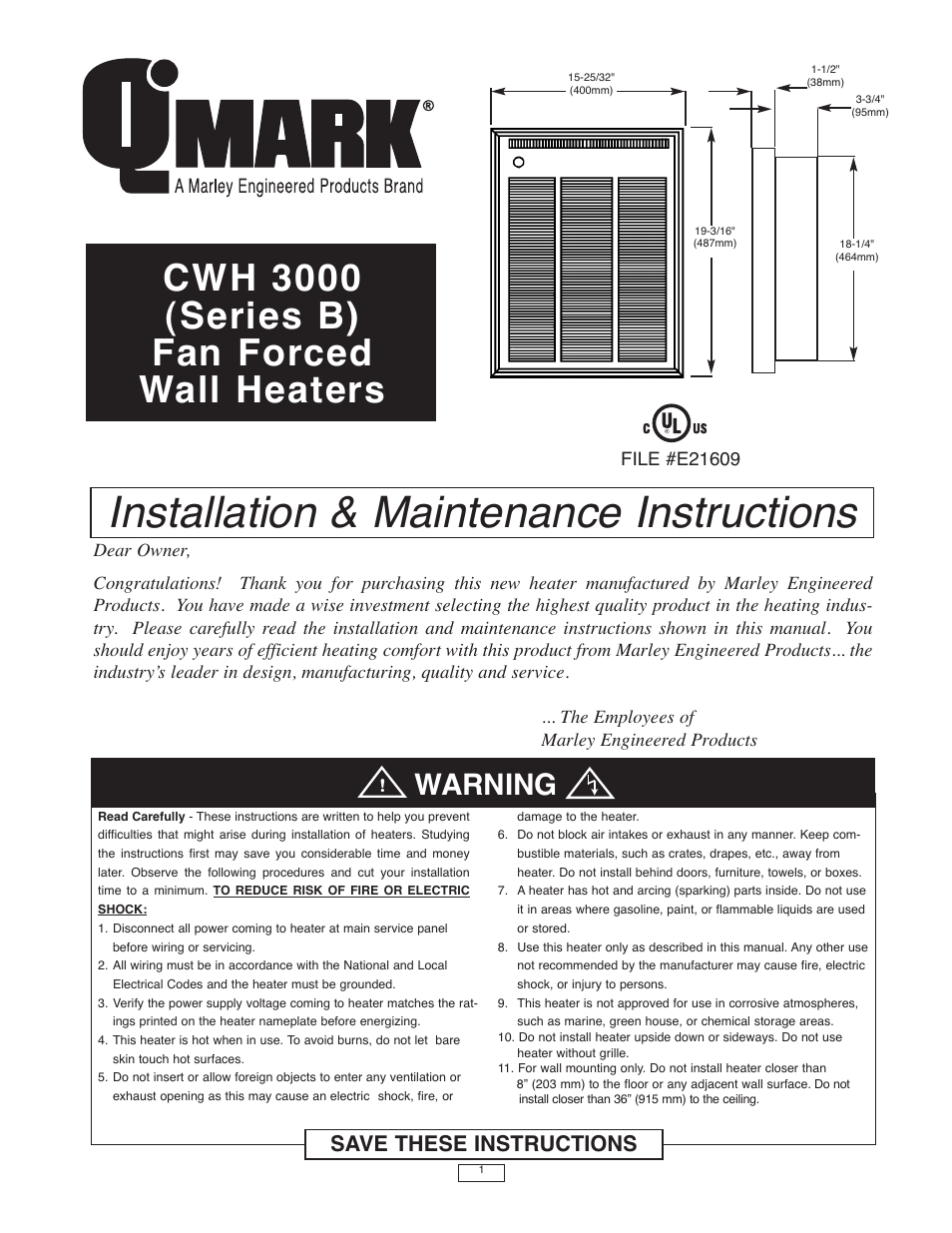 Qmark CWH3000 Series - Commercial Fan-Forced Wall Heaters User Manual | 16 pages