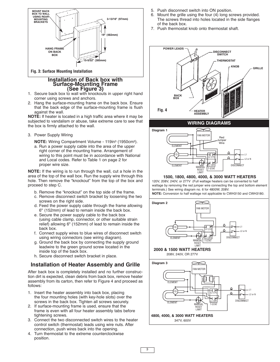 Installation of heater assembly and grille, Wiring diagrams, 1950cm | Fig. 3: surface mounting installation | Qmark CWH3000 Series - Commercial Fan-Forced Wall Heaters User Manual | Page 3 / 16
