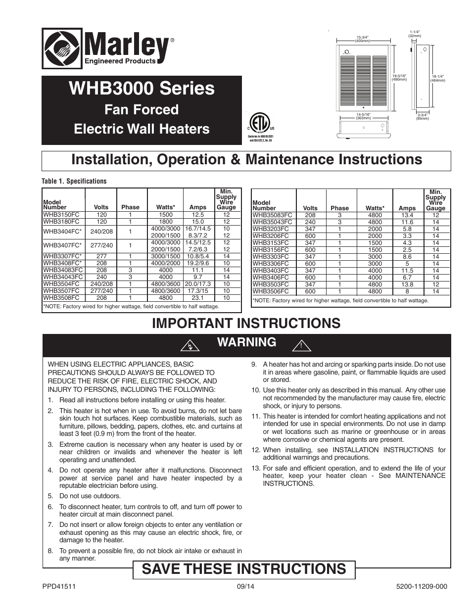 Qmark CWH3000 Series - Commercial Fan-Forced Wall Heaters User Manual | 20 pages