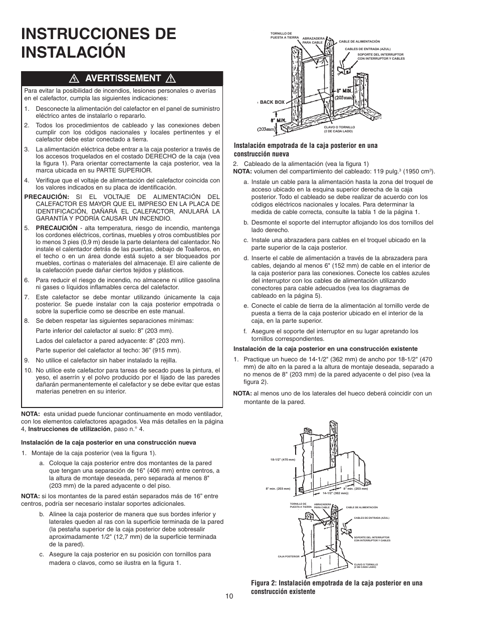 Instrucciones de instalación | Qmark CWH3000 Series - Commercial Fan-Forced Wall Heaters User Manual | Page 10 / 20
