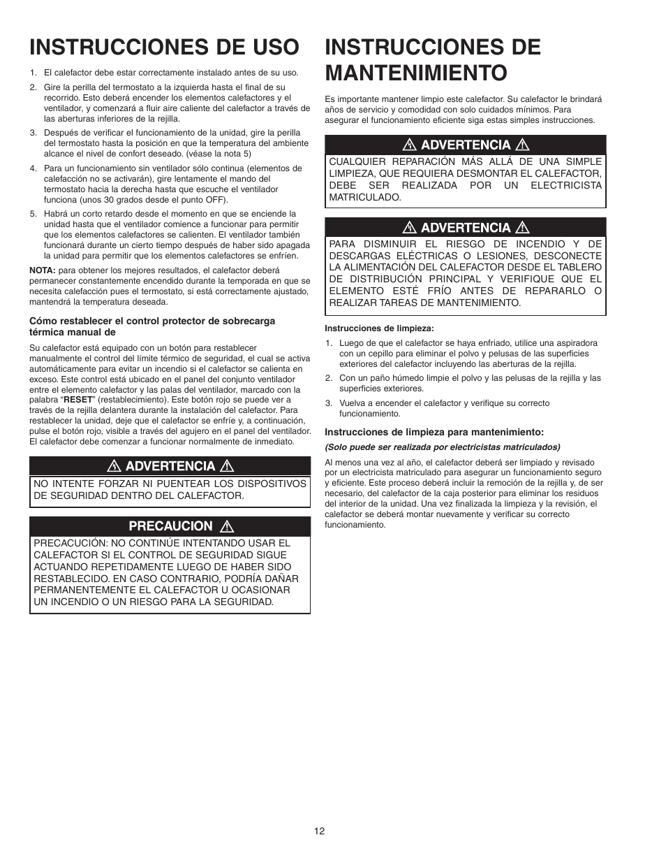 Instrucciones de uso, Instrucciones de mantenimiento | Qmark CWH3000 Series - Commercial Fan-Forced Wall Heaters User Manual | Page 12 / 20