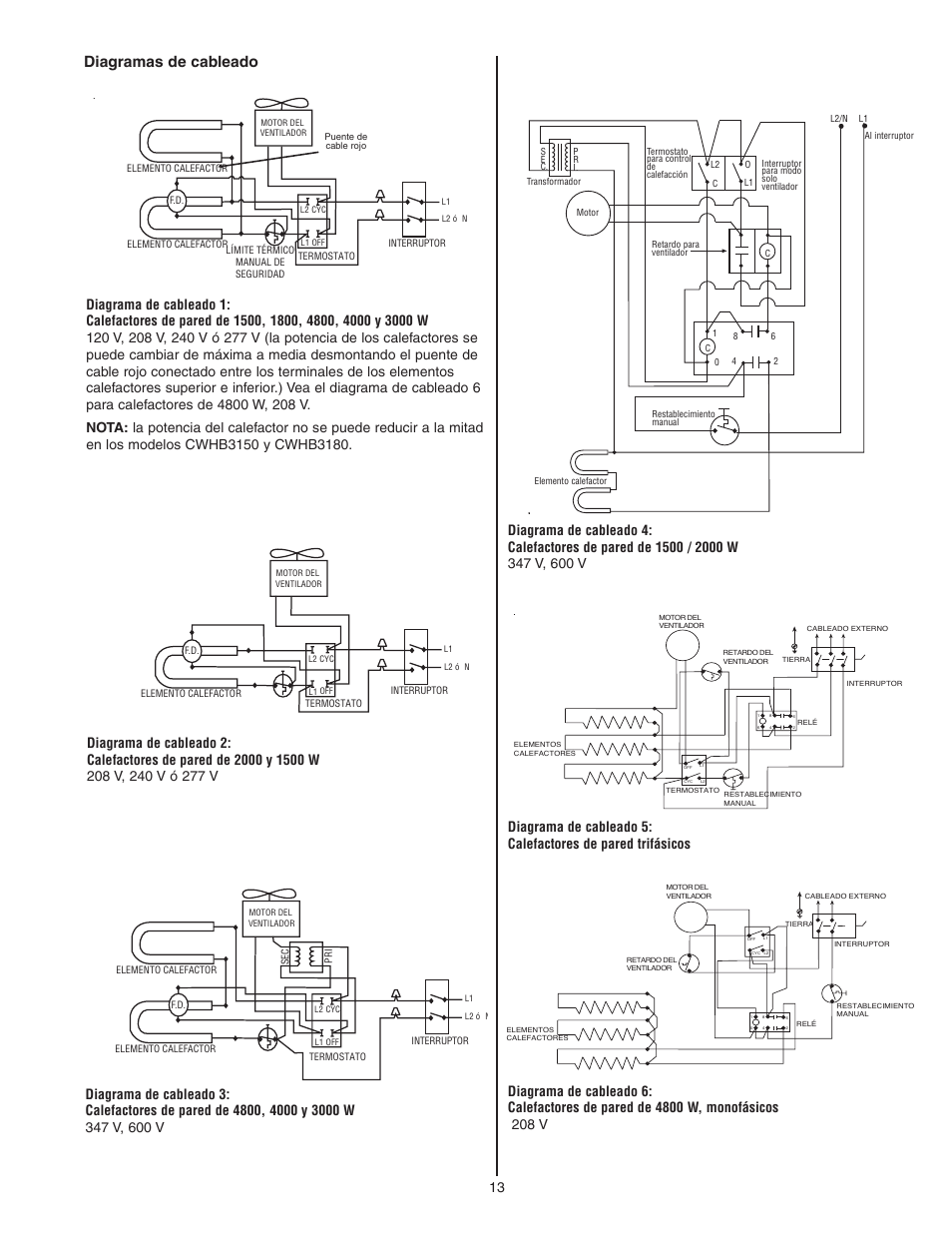 Diagramas de cableado | Qmark CWH3000 Series - Commercial Fan-Forced Wall Heaters User Manual | Page 13 / 20