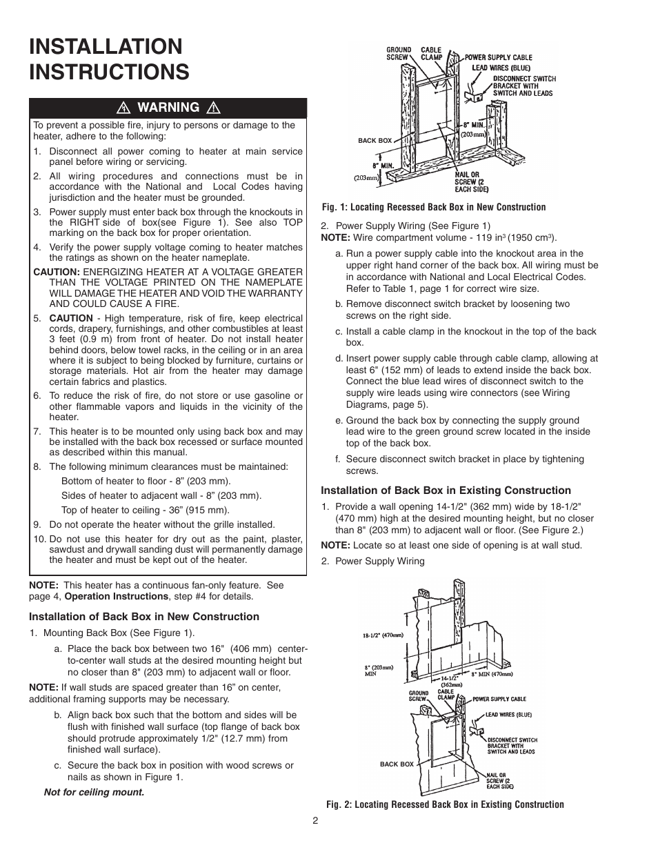 Installation instructions | Qmark CWH3000 Series - Commercial Fan-Forced Wall Heaters User Manual | Page 2 / 20