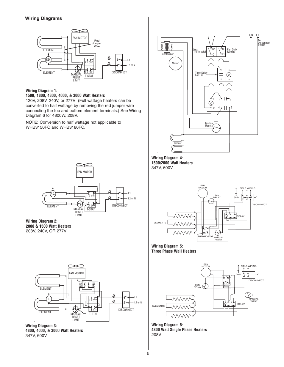 Wiring diagrams | Qmark CWH3000 Series - Commercial Fan-Forced Wall Heaters User Manual | Page 5 / 20