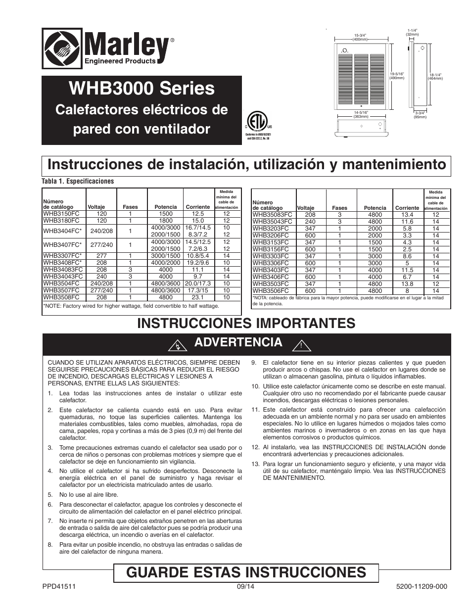 Whb3000 series, Guarde estas instrucciones, Calefactores eléctricos de pared con ventilador | Instrucciones importantes, Advertencia | Qmark CWH3000 Series - Commercial Fan-Forced Wall Heaters User Manual | Page 9 / 20