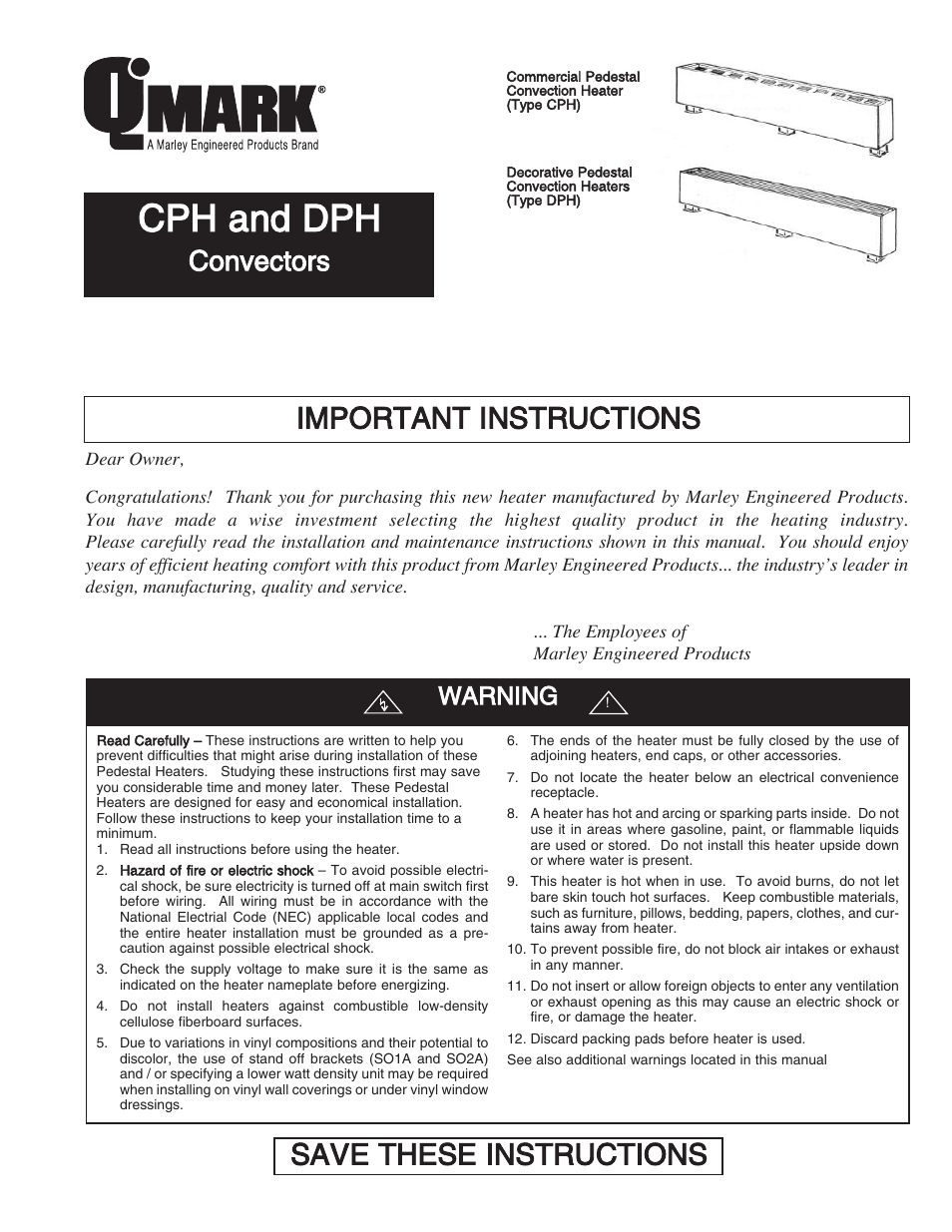 Qmark CPH - Decorative and Commercial Pedestal Heaters User Manual | 24 pages